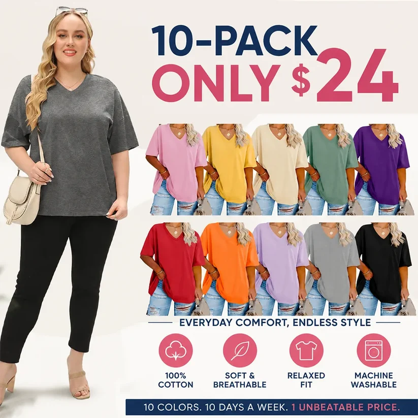Women's Oversized Short Sleeve V-Neck Blouse – Lightweight Casual Summer Top