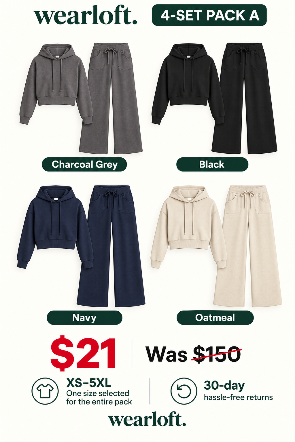 Cropped Hoodie & Wide-Leg Pants Sets | 6 Sets $24.99 / 4 Sets $21 | XS–5XL