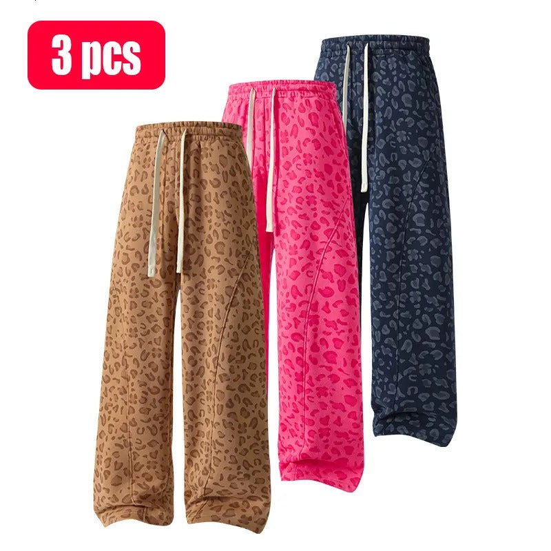 Men's leopard-print casual trousers with side pockets, lightweight and breathable soft fabric, loose comfortable casual sweatpants