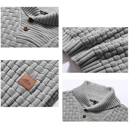💚Men's Regular Textured Patched Detail Shawl Collar Sweater