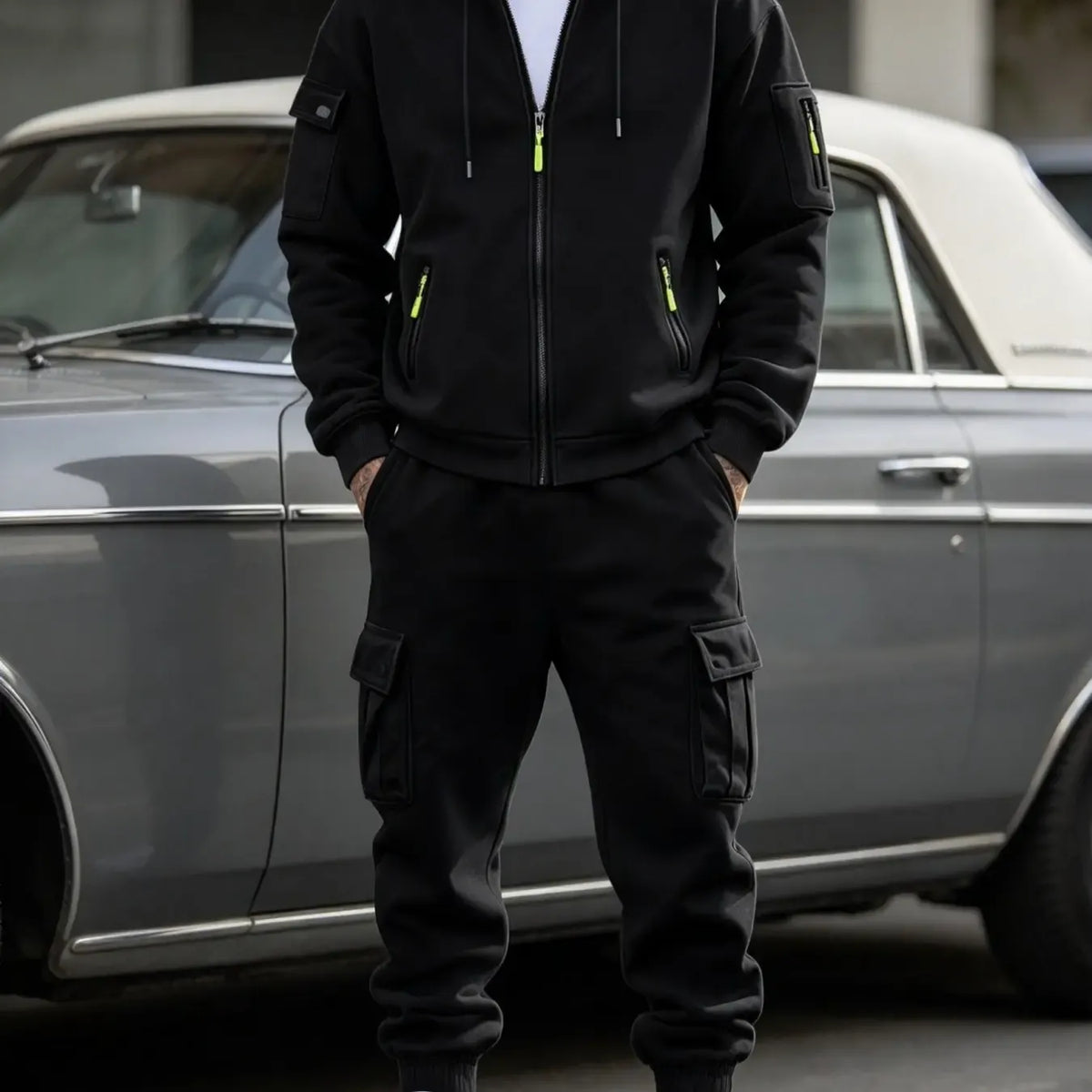Men’s Cargo Tracksuit Set Full‐Zip Hooded Jacket + Pants (Polyester)