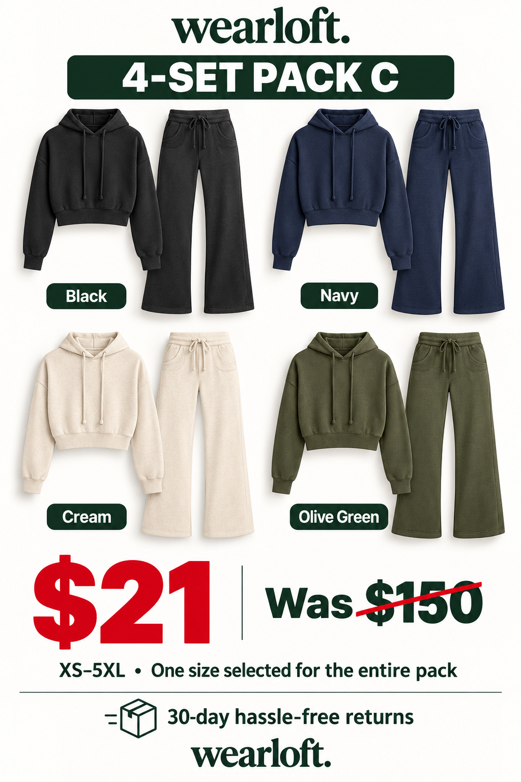 Cropped Hoodie & Wide-Leg Pants Sets | 6 Sets $24.99 / 4 Sets $21 | XS–5XL