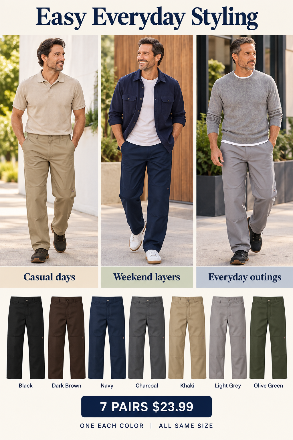 Men's Loose Fit Double Knee Work Pants — 7 Pairs for $23.99