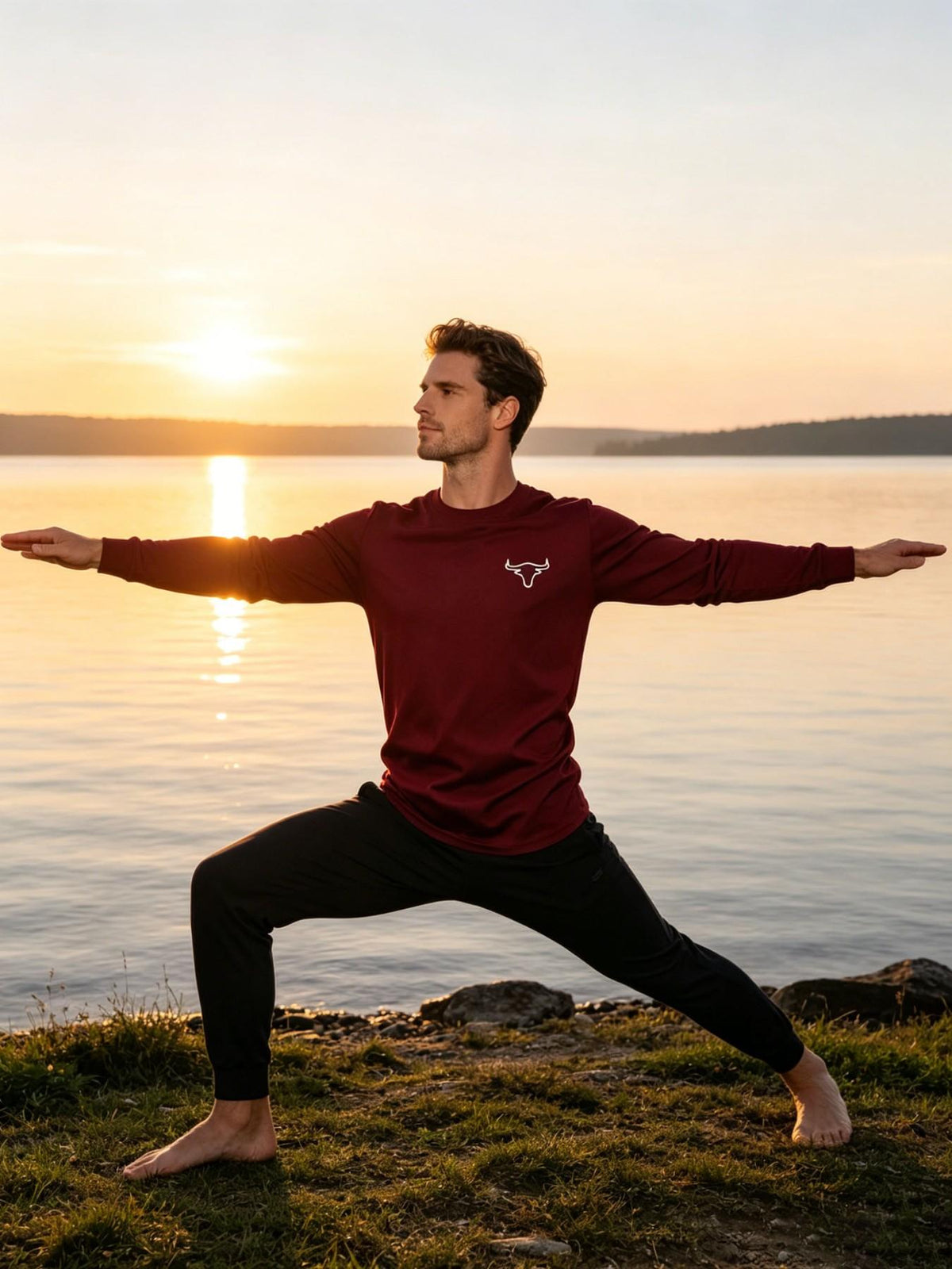 Men's Bull Head Print Long Sleeve T-Shirt, Breathable Athletic Casual Workout Tops