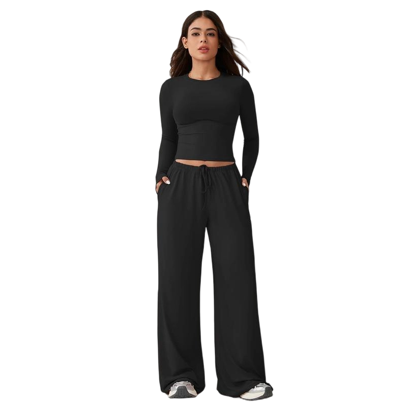 Women's 2-Piece Activewear Set Long-Sleeve Crop Top & Wide-Leg Pants Stretchy Fabric for Yoga