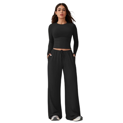 Women's 2-Piece Activewear Set Long-Sleeve Crop Top & Wide-Leg Pants Stretchy Fabric for Yoga