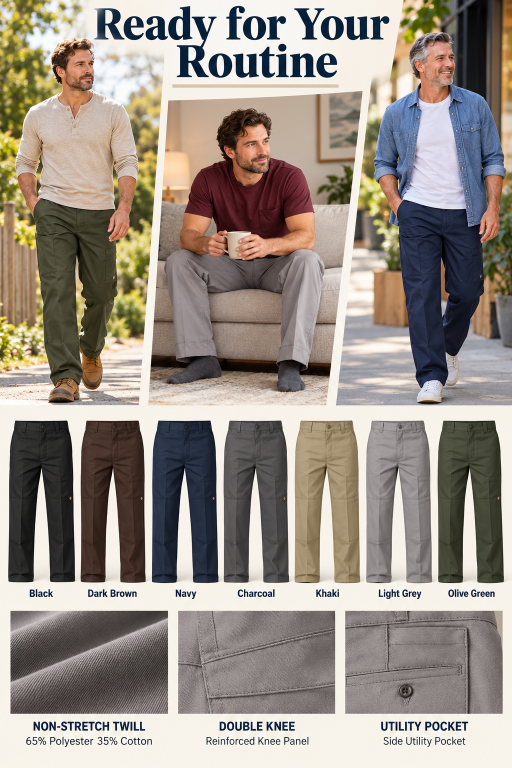 Men's Loose Fit Double Knee Work Pants — 7 Pairs for $23.99