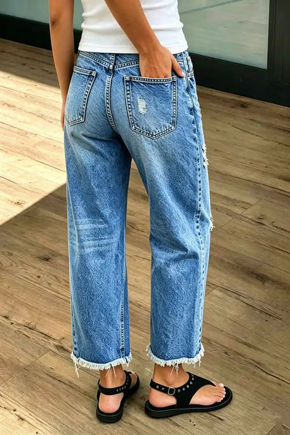 🔥 4 FOR ONLY $26.99! Women’s Mid-Waist Straight Leg Crop Jeans – Washed Ripped Raw Hem Denim