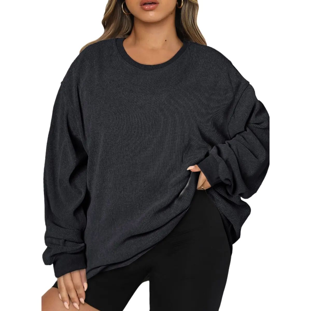 Women's Oversized Corduroy Sweatshirt, Casual Crewneck Long Sleeve Lightweight Pullover