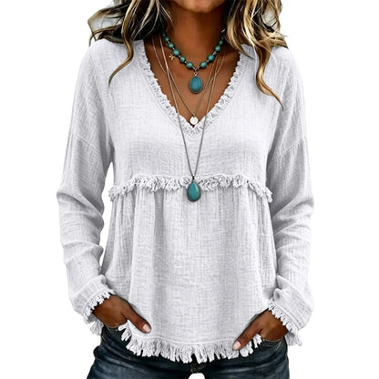 Boho Western Fringe V‑Neck Long Sleeve Blouse, Women Loose Fit Fall Tunic Top