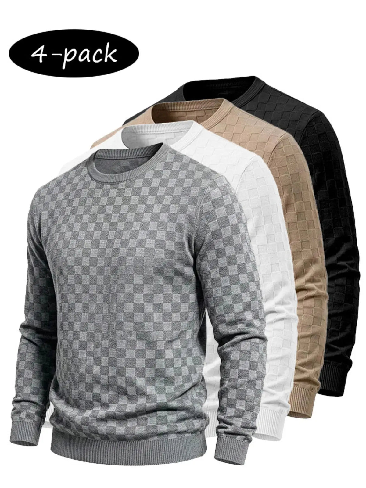 4-Pack Men's Checkered Knit Sweaters – Lightweight Crewneck Long Sleeve Pullovers