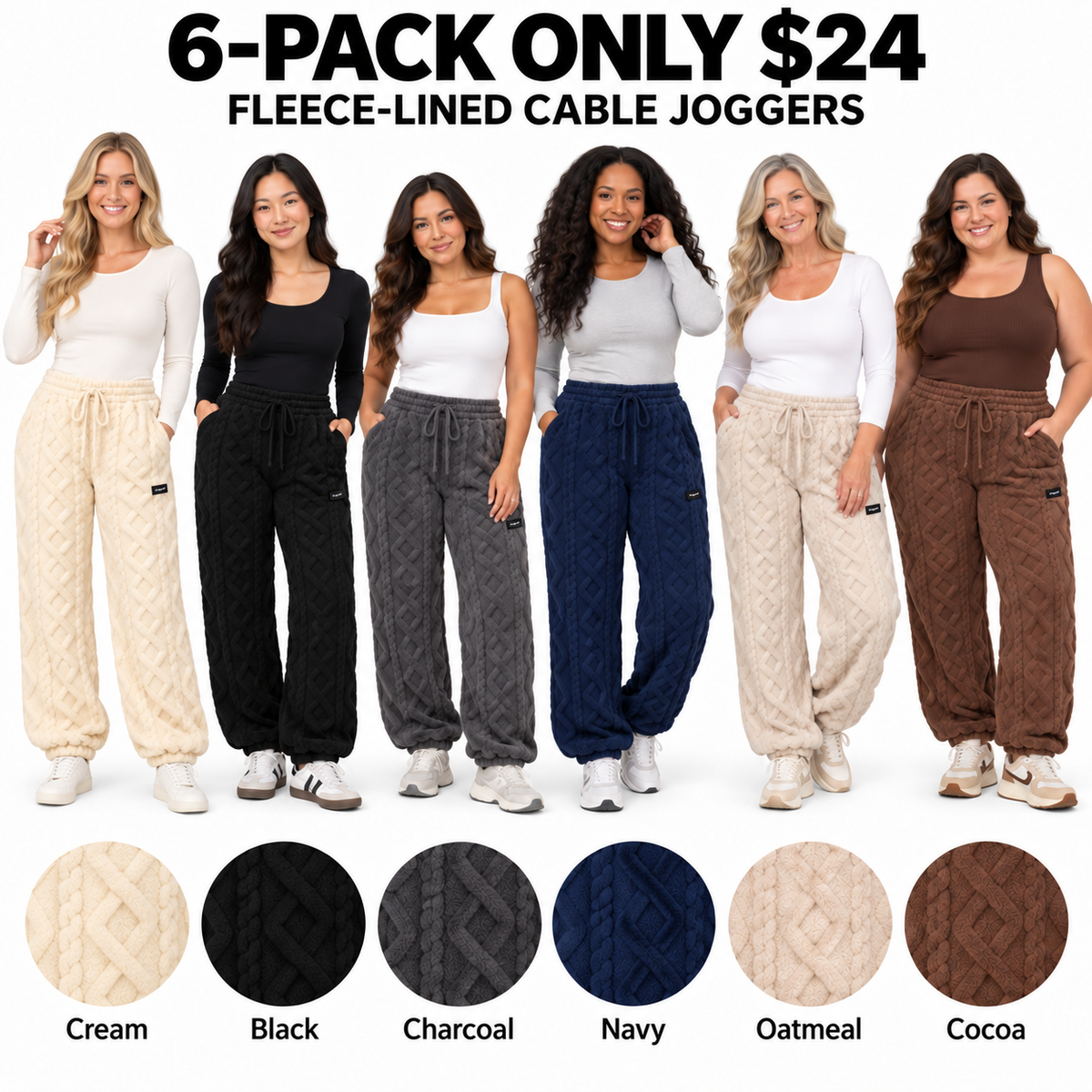 6-PACK ONLY $24---Cozy Cable Fleece-Lined Joggers