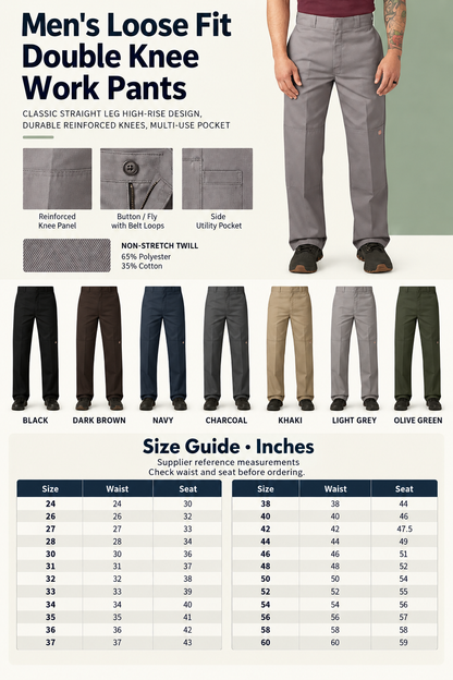 Men's Loose Fit Double Knee Work Pants — 7 Pairs for $23.99