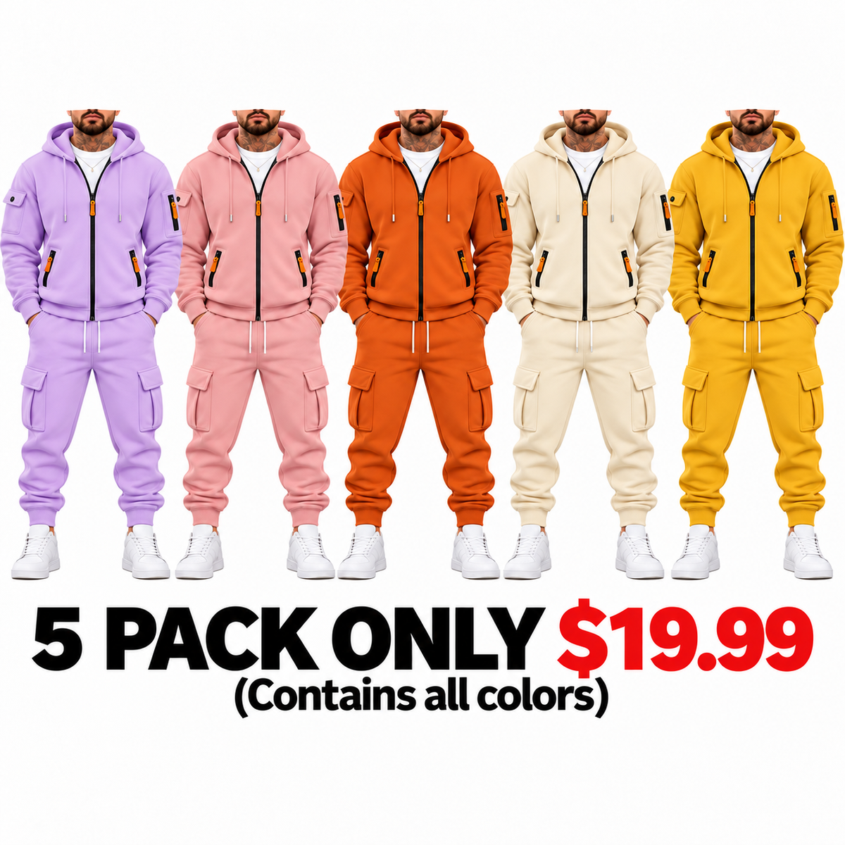 Men’s Cargo Tracksuit Set Full‐Zip Hooded Jacket + Pants (Polyester)
