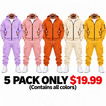 Men’s Cargo Tracksuit Set Full‐Zip Hooded Jacket + Pants (Polyester)