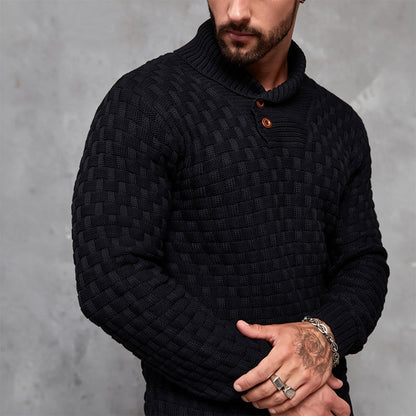💚Men's Regular Textured Patched Detail Shawl Collar Sweater