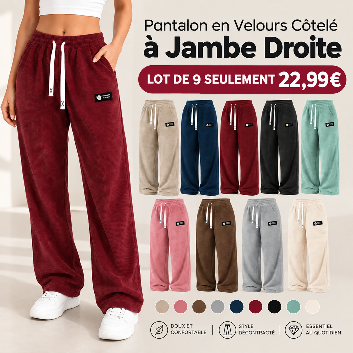 🏆  Einfarbige Damen-Cordhose mit geradem Bein