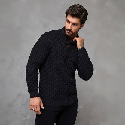 💚Men's Regular Textured Patched Detail Shawl Collar Sweater