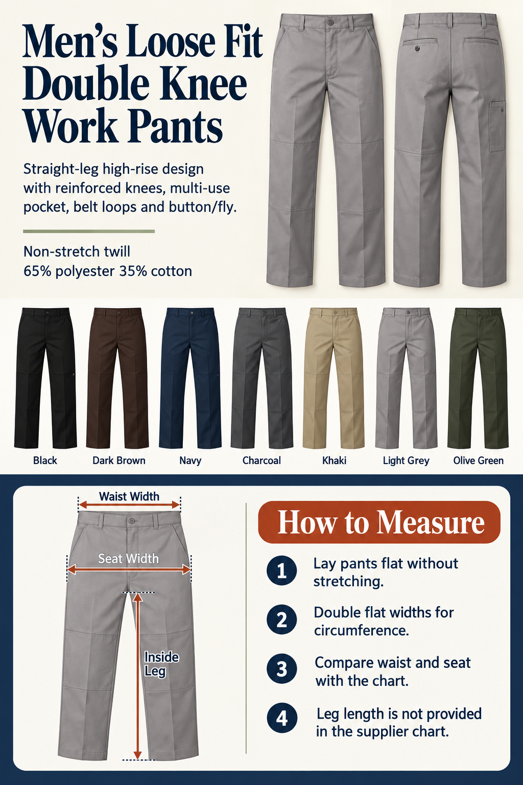 Men's Loose Fit Double Knee Work Pants — 7 Pairs for $23.99