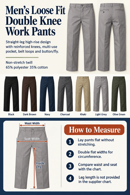 Men's Loose Fit Double Knee Work Pants — 7 Pairs for $23.99