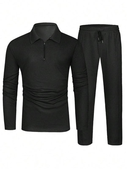 Men's Solid Textured Long Sleeve Polo Shirt & Drawstring Waist Pants Set