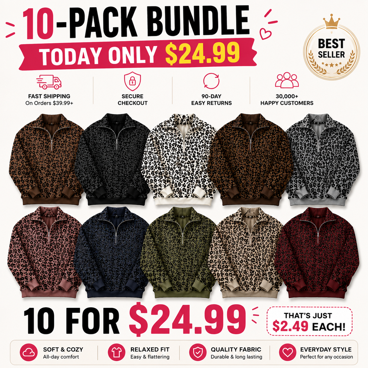 🔥Limited-Time Special Offer|Women's Leopard Print Oversized Half-Zip Pullover – Soft Casual Sweatshirt