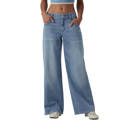 Low Rise Zip Pocket Washed Wide Leg Loose Casual Denim Jeans