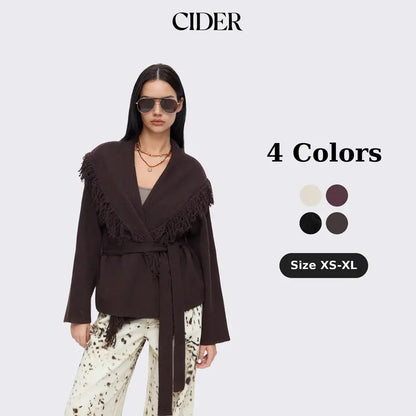 🔥 TODAY ONLY! LIMITED-TIME SALE! Cider Women's Fringed Wool-Blend Wrap Cardigan with Belt – Chic Beige | SHOP NOW!