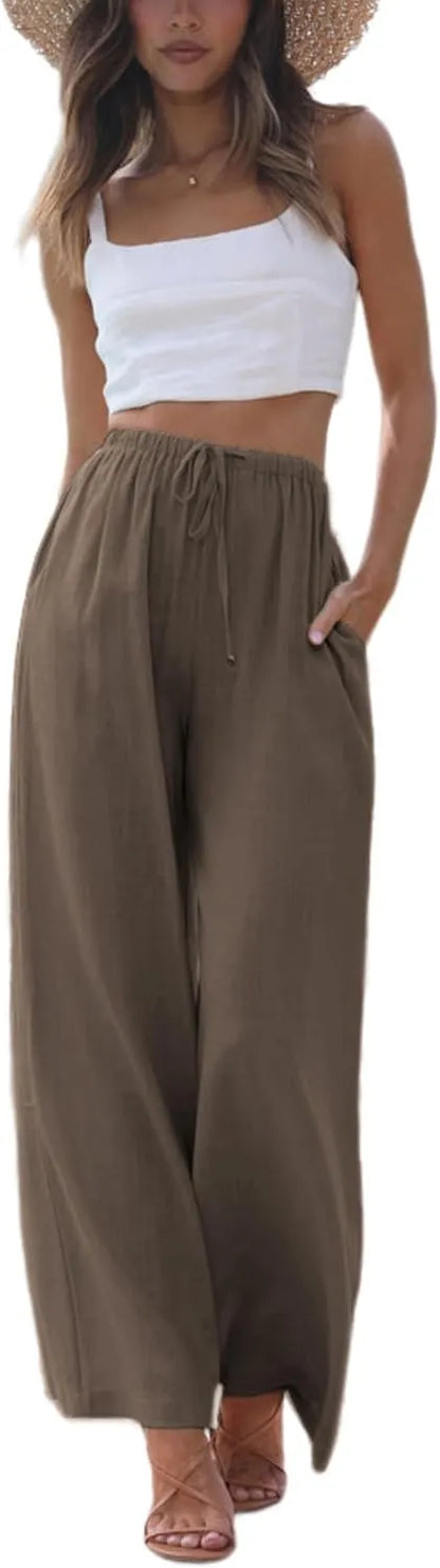Women's Cotton Linen Summer Palazzo Pants Flowy Wide Leg Beach Trousers with Pockets
