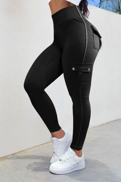 Solid Flap Pocket High Waist Sports Leggings