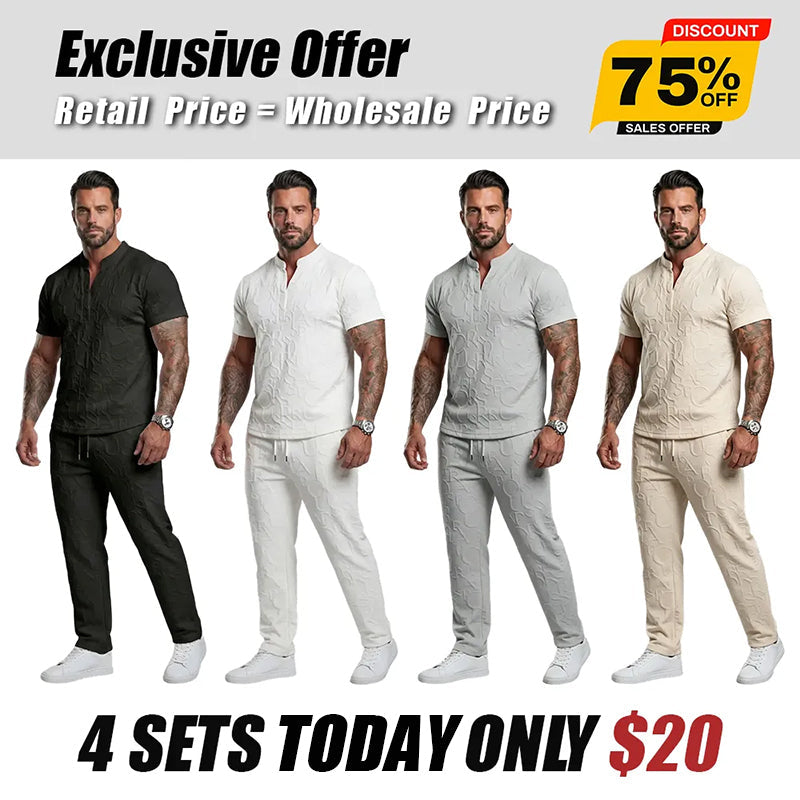 Men's Casual Textured Notched Neck Tee & Regular-Fit Drawstring Trousers