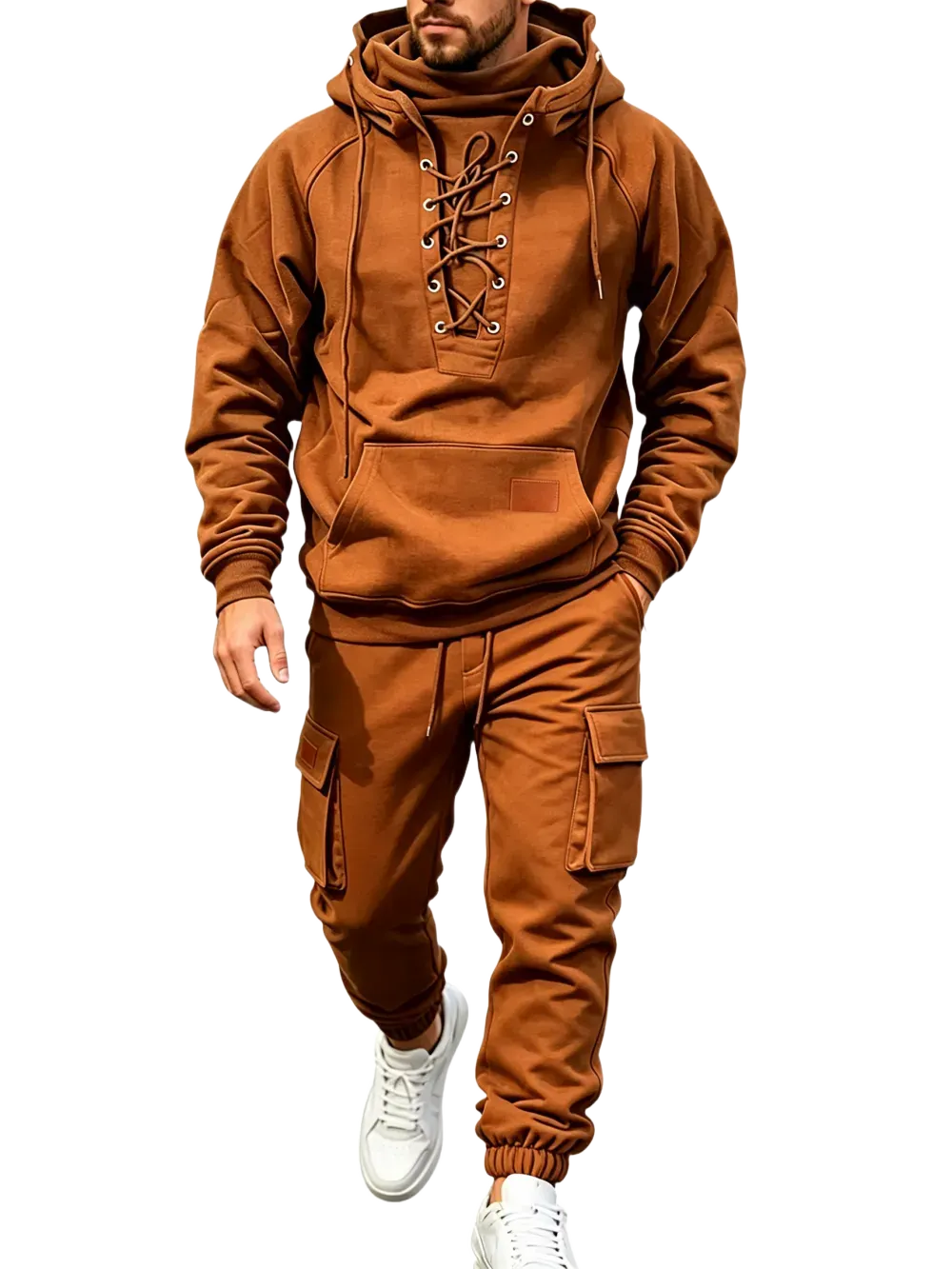 Men's Chest Tie‐Up Hoodie And Multi‐Pocket Ankle‐Cuffed Joggers