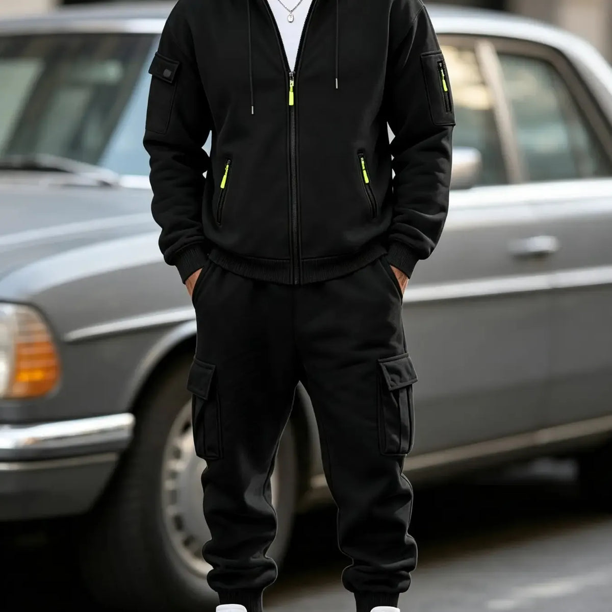 Men’s Cargo Tracksuit Set Full‐Zip Hooded Jacket + Pants (Polyester)