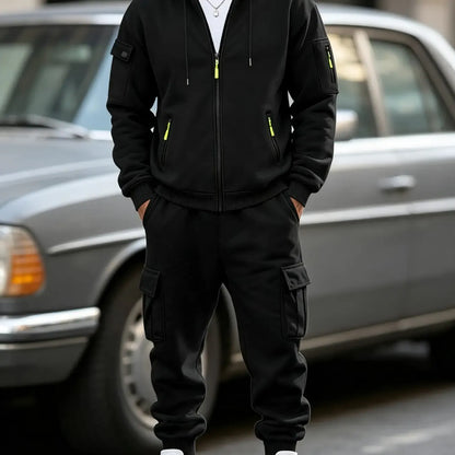 Men’s Cargo Tracksuit Set Full‐Zip Hooded Jacket + Pants (Polyester)