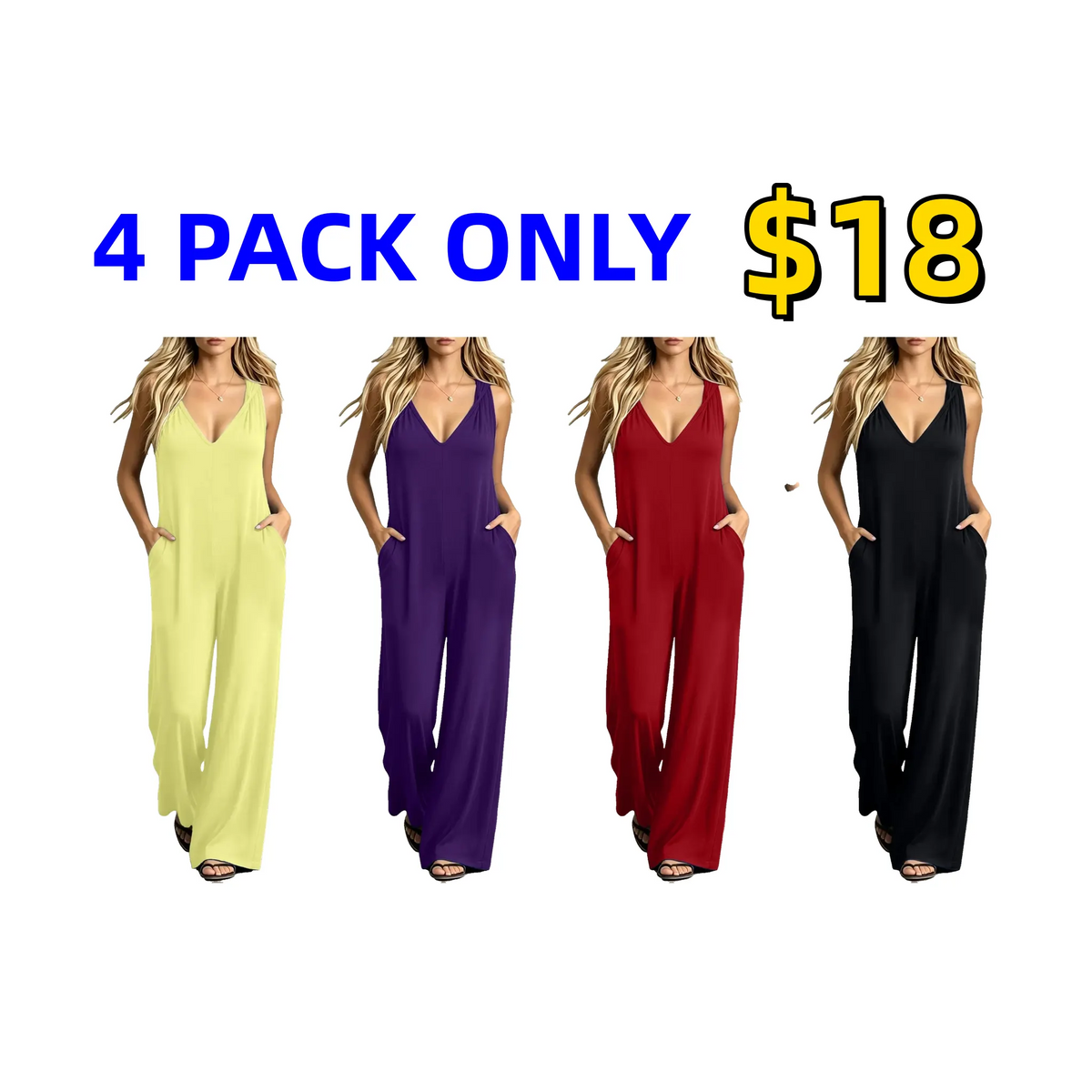 Plus-size women's V-neck jumpsuit featuring pockets and a casual strap design.