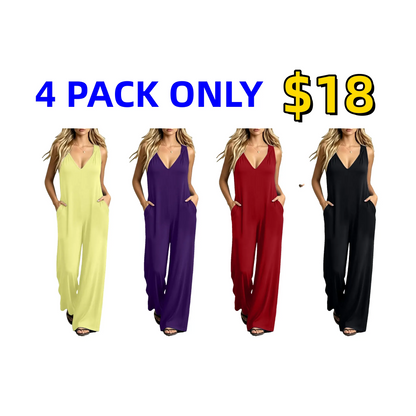 Plus-size women's V-neck jumpsuit featuring pockets and a casual strap design.