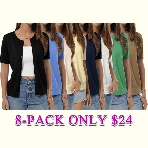 Women's 100% Cotton Cropped Button Down Cardigan Lightweight Short Sleeve Knit Sweater