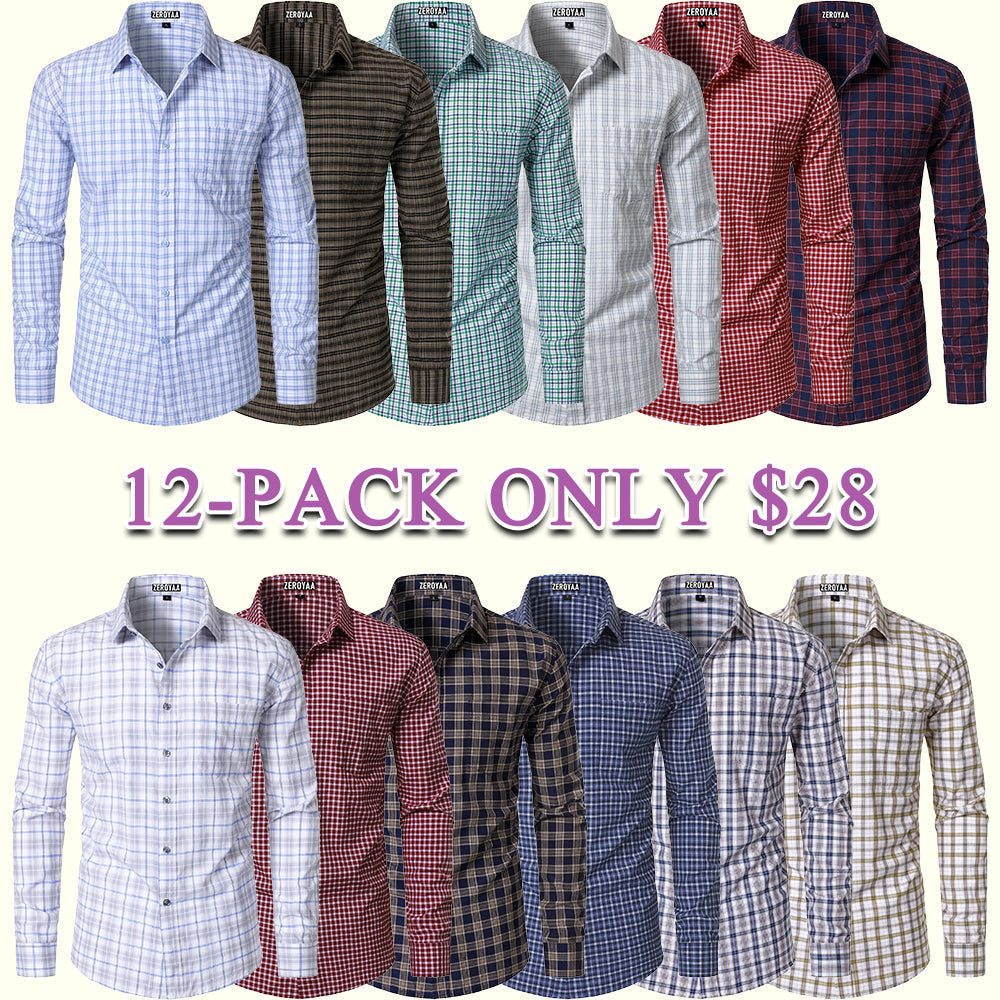 Men's Plaid Gingham Slim Fit Dress Shirt Long Sleeve Classic Button Down Lightweight Casual Formal