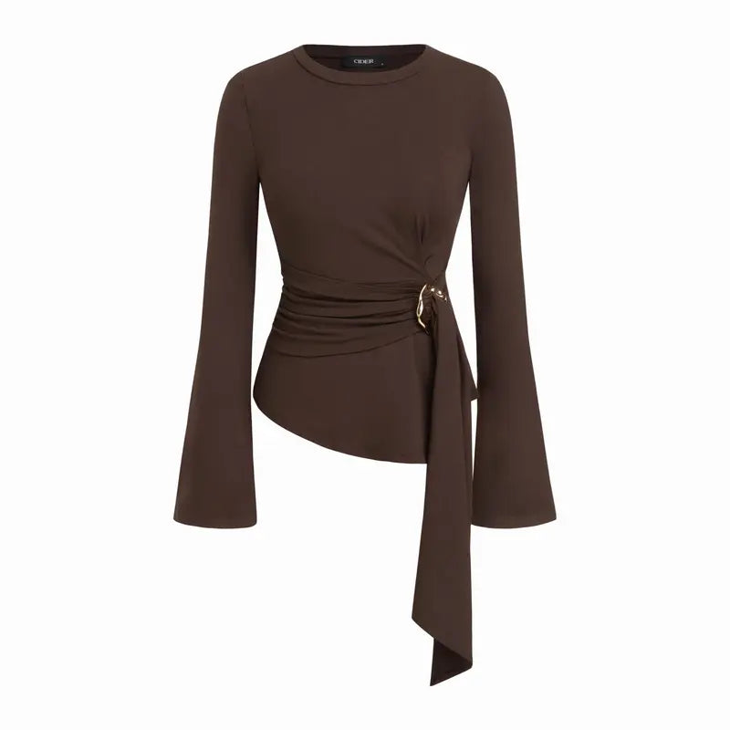 Round Neckline Ruched Metal Detail Long Sleeve Tee