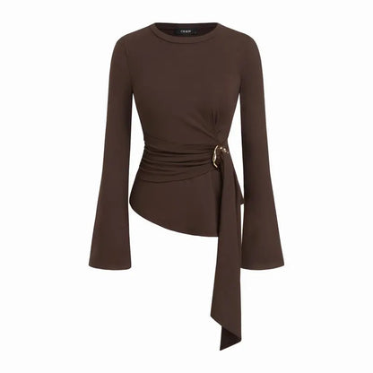 Round Neckline Ruched Metal Detail Long Sleeve Tee