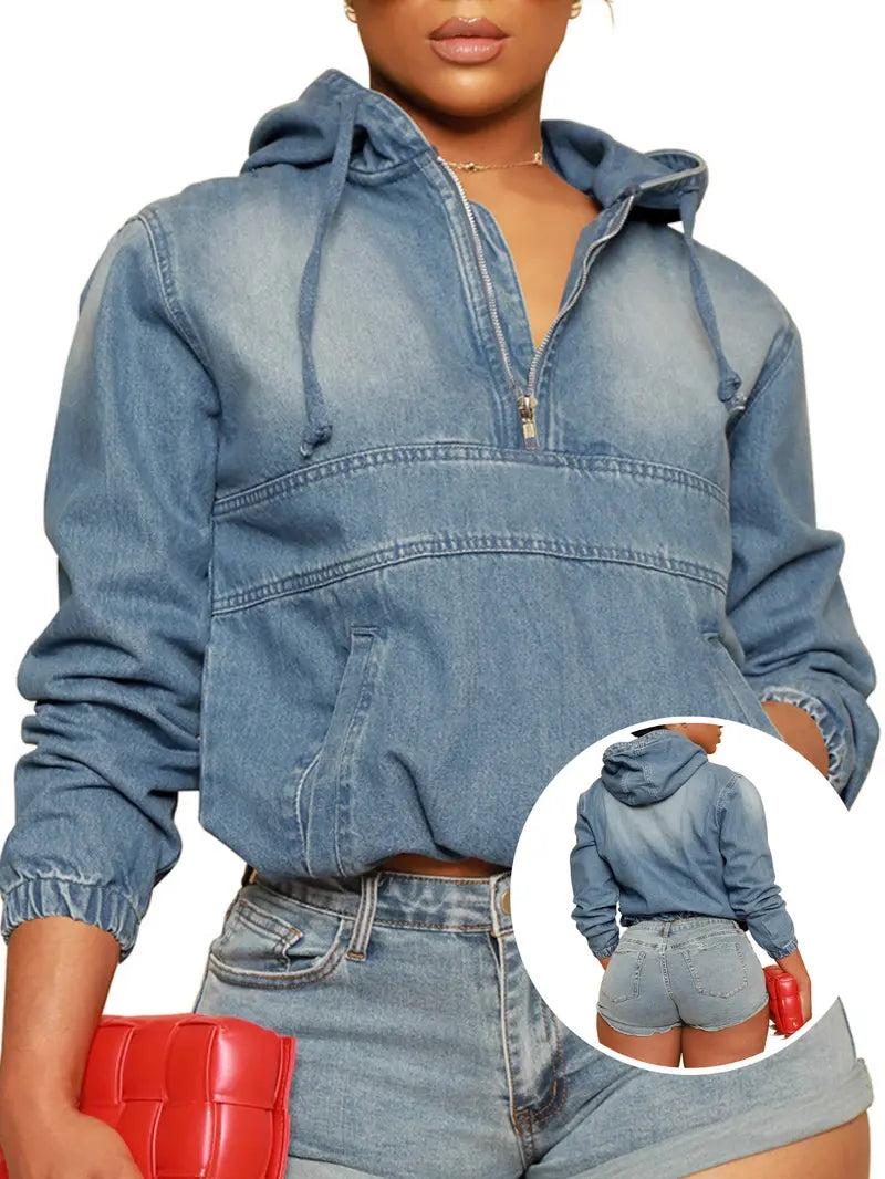 🔥 FACTORY CLEARANCE SALE ⚡Women's Washed Denim Half-Zip Hoodie | Soft, Comfortable, Easy-to-Wear Casual Outerwear