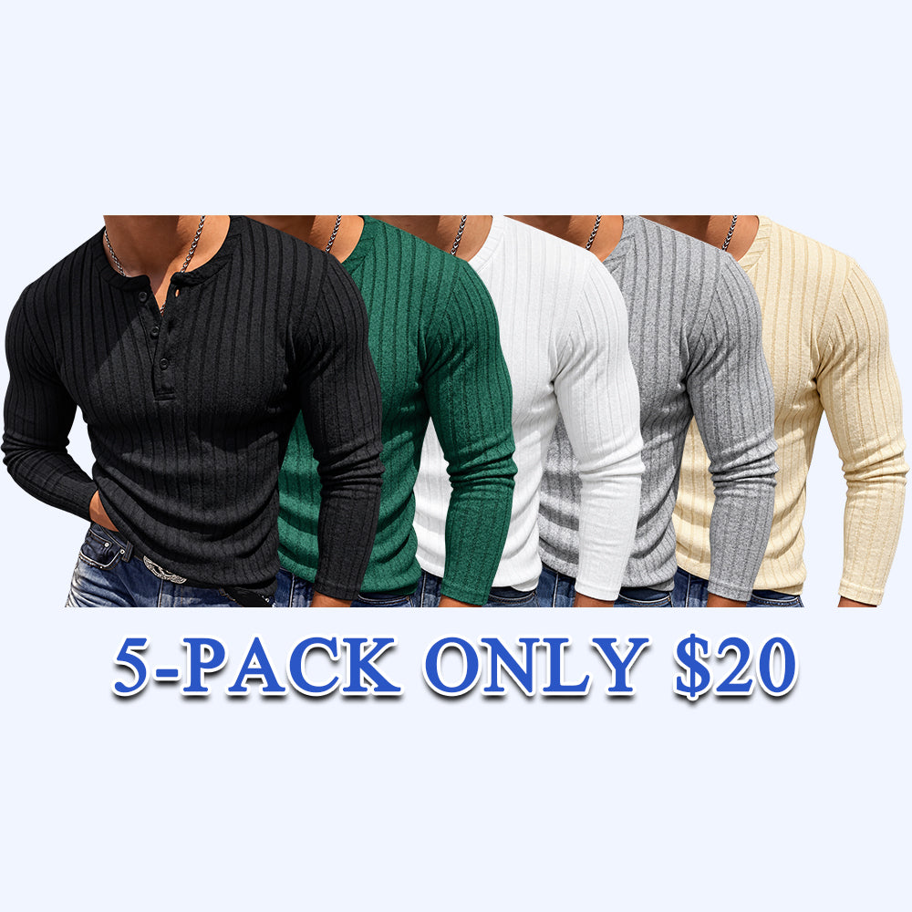 Men's Ribbed Henley Long Sleeve Shirt - Slim Fit Stretch Knit Pullover, Soft Breathable Casual Fashion Tee