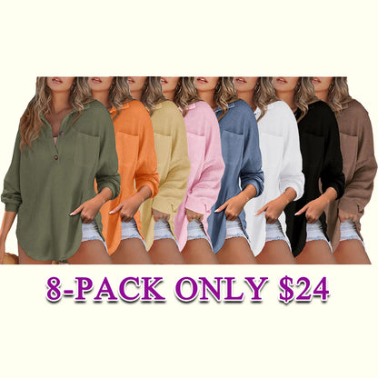 Women's Oversized Waffle Henley Shirt Button V-Neck Long Sleeve Mesh Knit Tunic Blouse