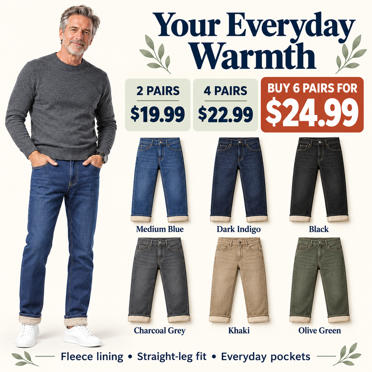 👖 Men's Fleece-Lined Straight-Leg Jeans 🔥 2 Pairs for $19.99 | 4 Pairs for $22.99 | BEST VALUE: 6 Pairs for $24.99