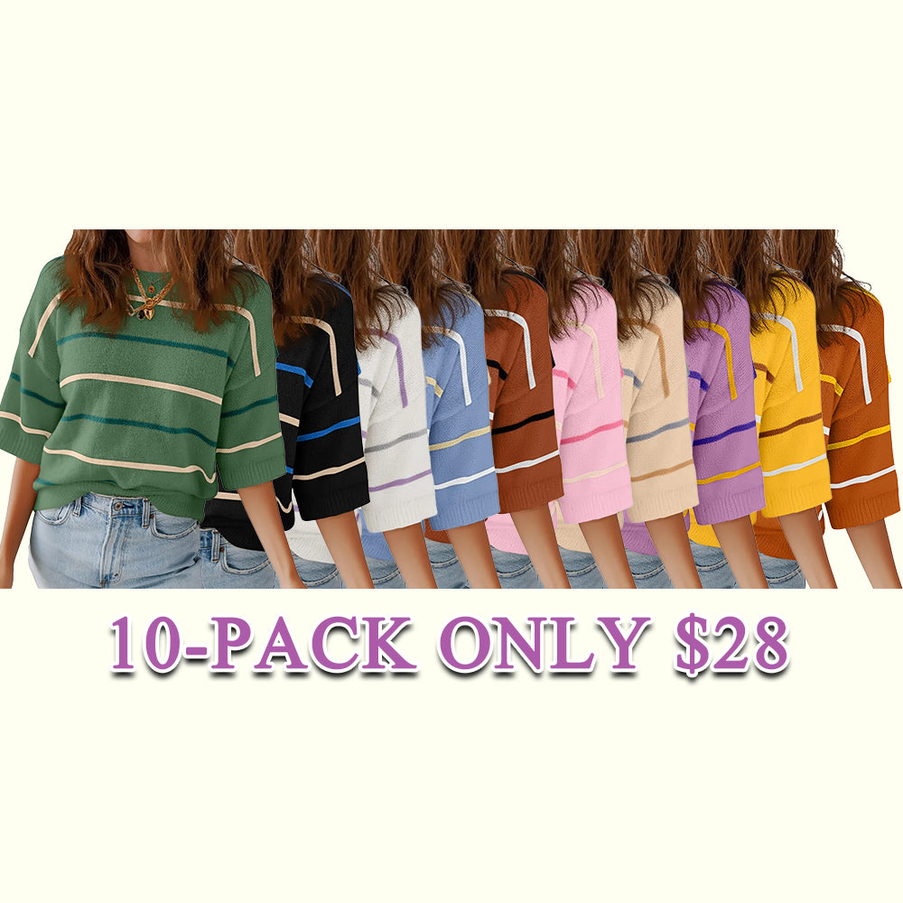 Women's Striped Knit Short Sleeve Pullover Top Ribbed Neck & Cuff Baggy Casual Everyday