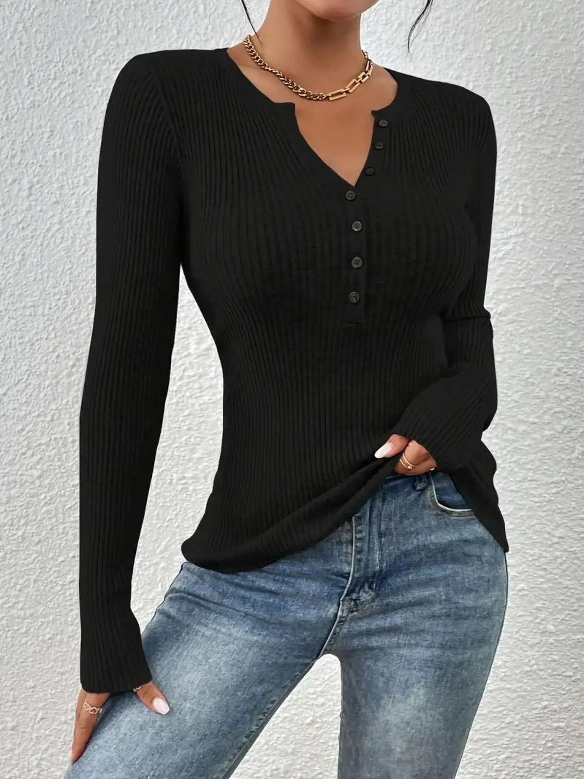 Women's Plain Basic Button Front Ribbed Sweater Tops