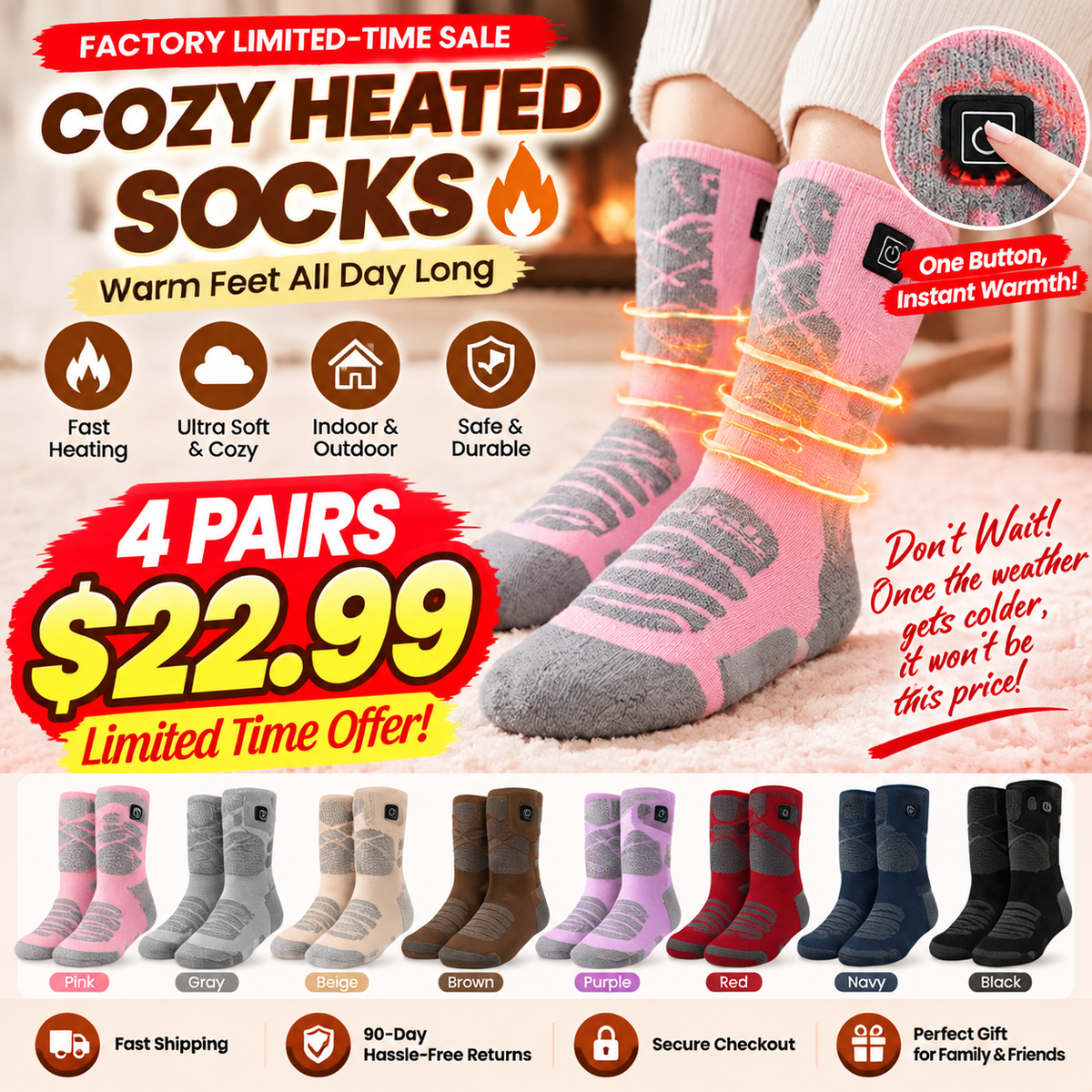 🏭 FACTORY LIMITED-TIME SALE ⚡ FINAL SALE – 8 PAIRS ONLY $25.99! Cozy Heated Socks for Men, Women & The Whole Family