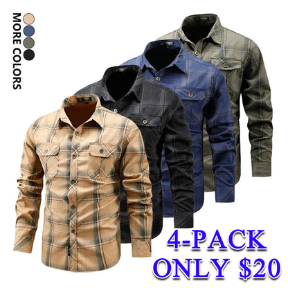 Men's Turn-Down Collar Plaid Long Sleeve Shirt Button Front Breathable Casual Light Business Tops