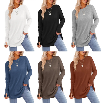 Women's Long Sleeve Tunic Top – Thumb Holes & Curved Hem for Leggings