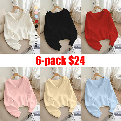 Women's 6-Pack V-Neck Drawstring Hoodie - Loose Fit Soft Knit Pullover, Casual Long Sleeve